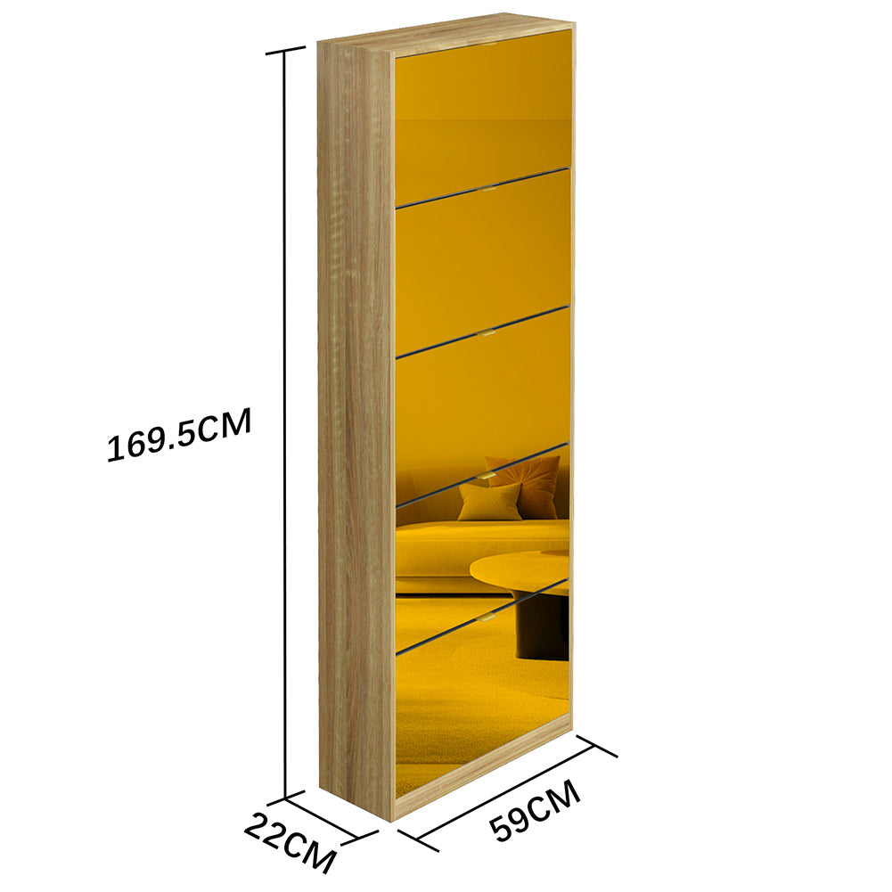 Scarpiera 5 Ante a Specchio Marrone Slim con Maniglia Salvaspazio 59x22x169.5cm