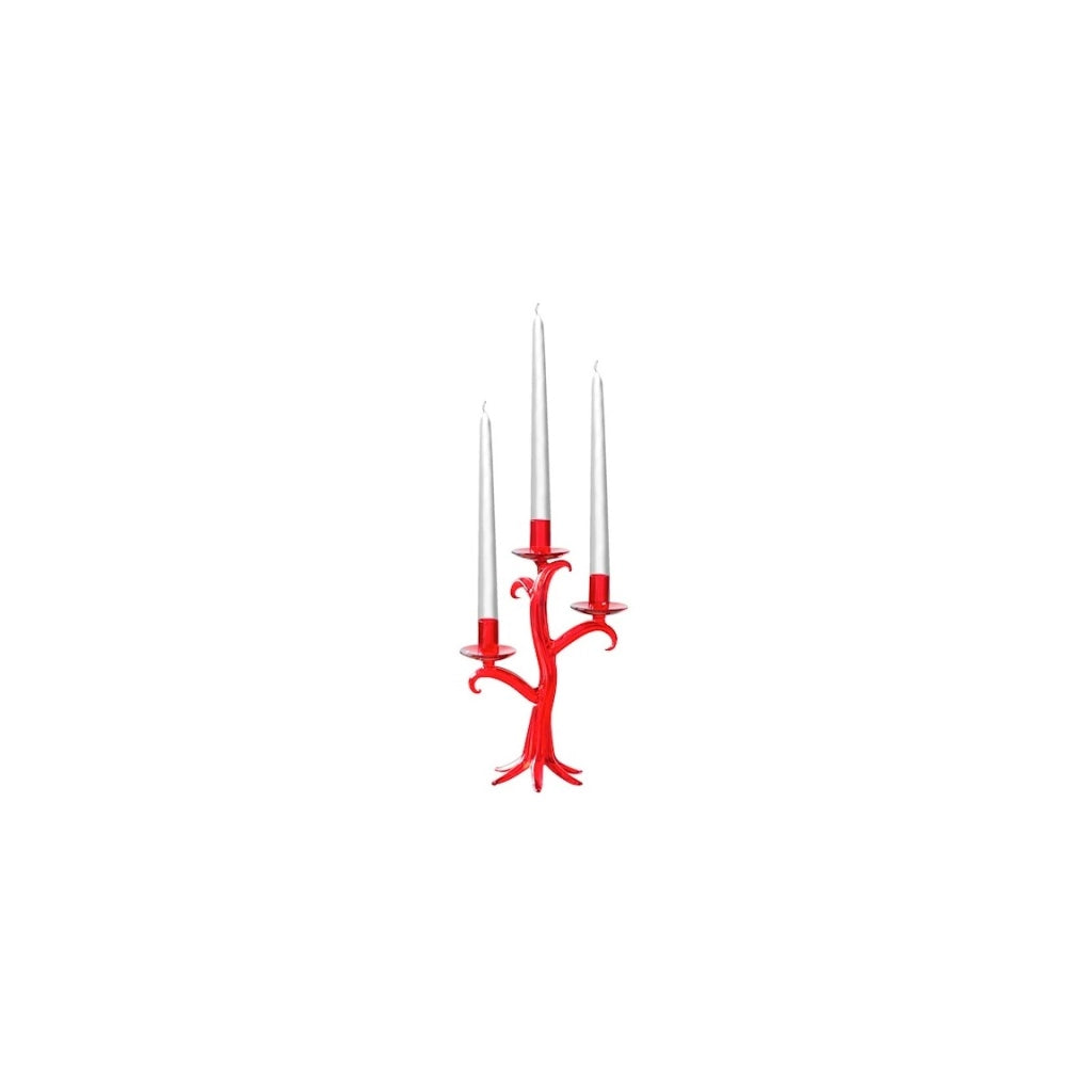 Candeliere vetro 3 fiamme alberello rosso h.31 cm