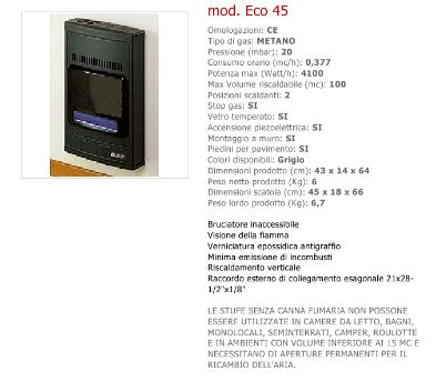 STUFA A GAS METANO SICAR ECO 45 - 4100 WATT A PARETE O A PAVIMENTO