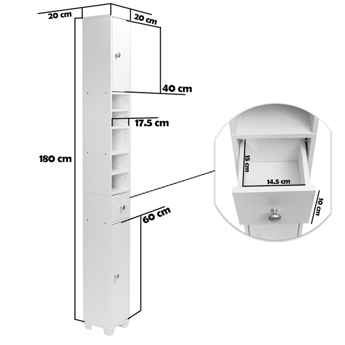 Colonna da Bagno Bianca 20x20 H180 cm Mobile Alto con 2 Ante Cassetto e Ripiani