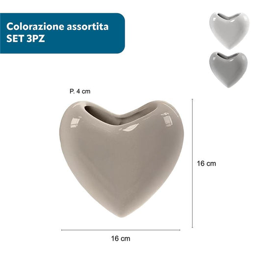SET 3PZ VASO UMIDIFICATORE A CUORE SET 3 PZ IN CERAMICA DIMENSIONI 16X4X16CM - 15.5C COLORE ASSORTITO