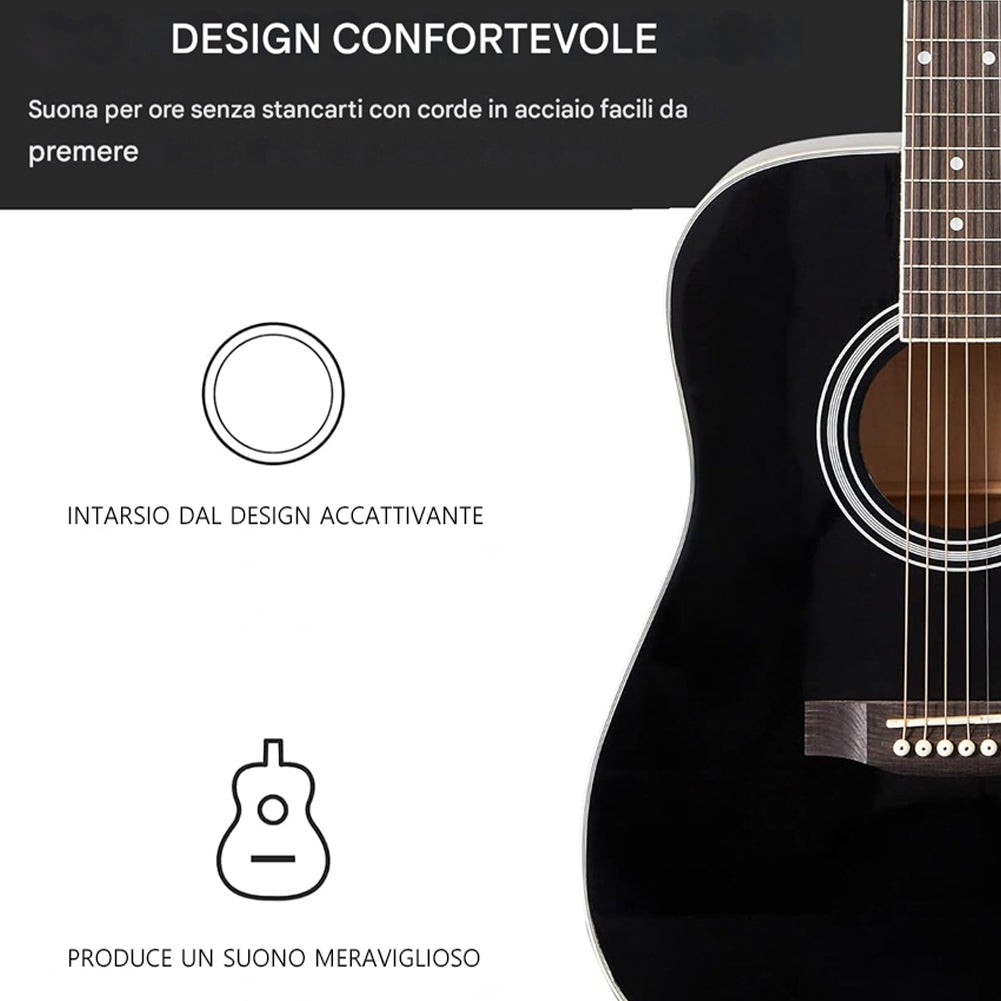Chitarra Acustica Elettrica 41" Nero Equalizzatore Kit Corde Plettro Tracolla