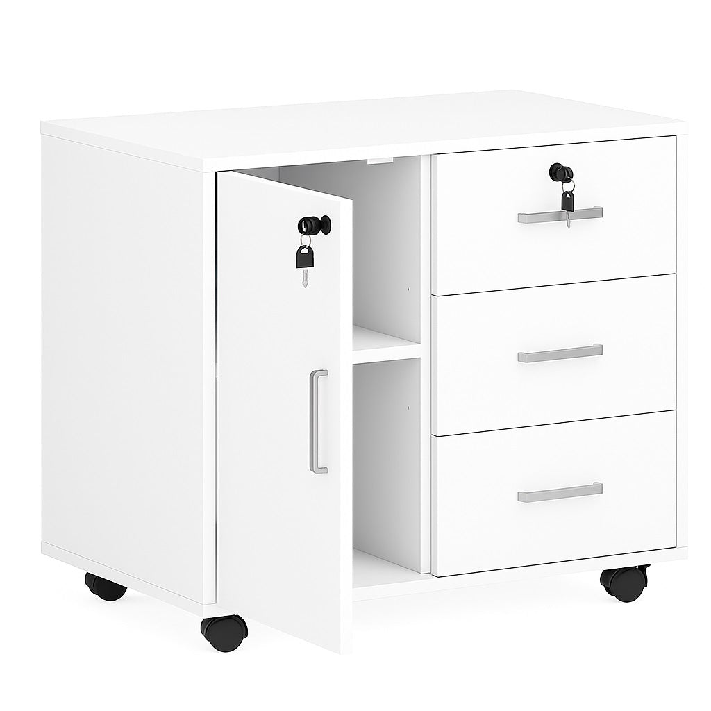 Mobile da Ufficio Multifunzione 3 Cassetti Chiave e 4ruote Porta Stampante Legno Bianco