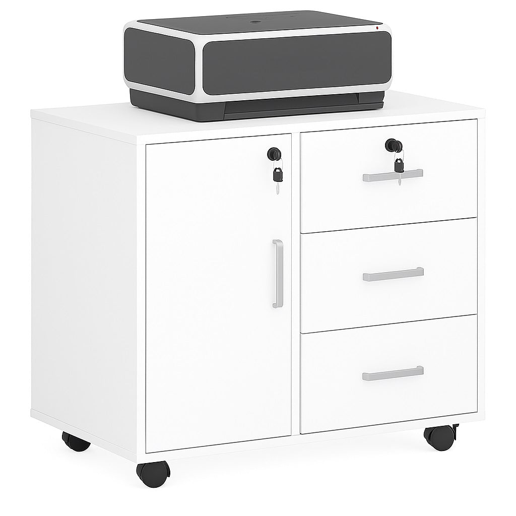 Mobile da Ufficio Multifunzione 3 Cassetti Chiave e 4ruote Porta Stampante Legno Bianco