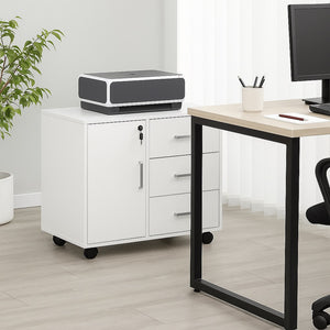 Mobile da Ufficio Multifunzione 3 Cassetti Chiave e 4ruote Porta Stampante Legno Bianco