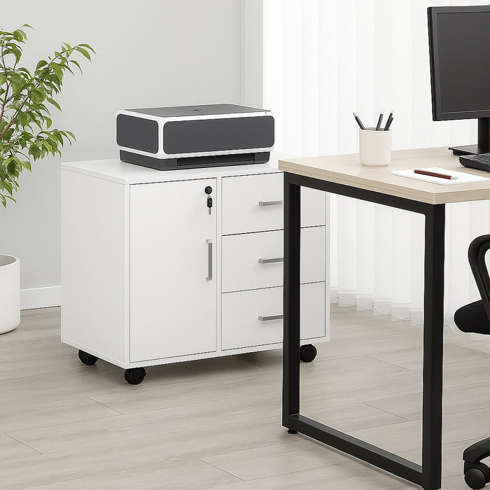 Mobile da Ufficio Multifunzione 3 Cassetti Chiave e 4ruote Porta Stampante Legno Bianco