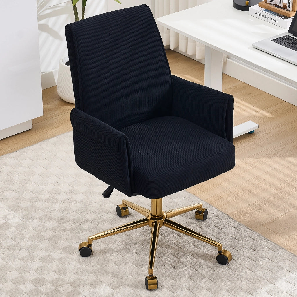 Sedia da ufficio girevole ergonomica con supporto lombare e braccioli, base in metallo dorato, in velluto a coste nero