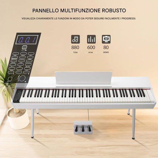 Tastiera Musicale Pianoforte Elettrico Standard con 88 Tasti e Pedaliera Bianco