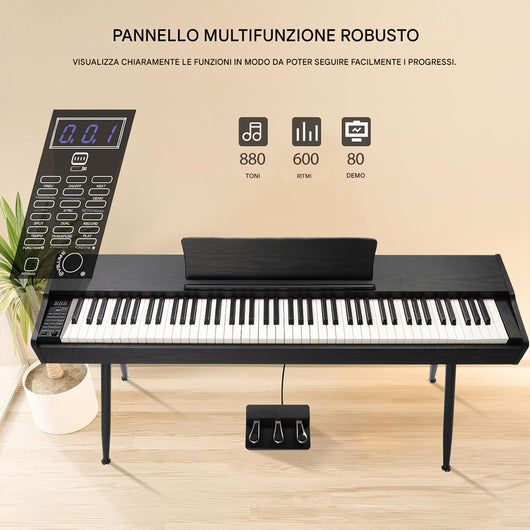Tastiera Musicale Pianoforte Elettrico Standard con 88 Tasti e Pedaliera Nero