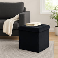 Pouf Pieghevole in Velluto Nero 38x38x38 cm Salvaspazio con Coperchio Design Moderno