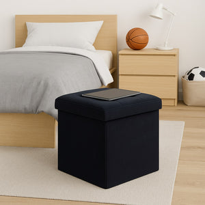Pouf Pieghevole in Velluto Nero 38x38x38 cm Salvaspazio con Coperchio Design Moderno