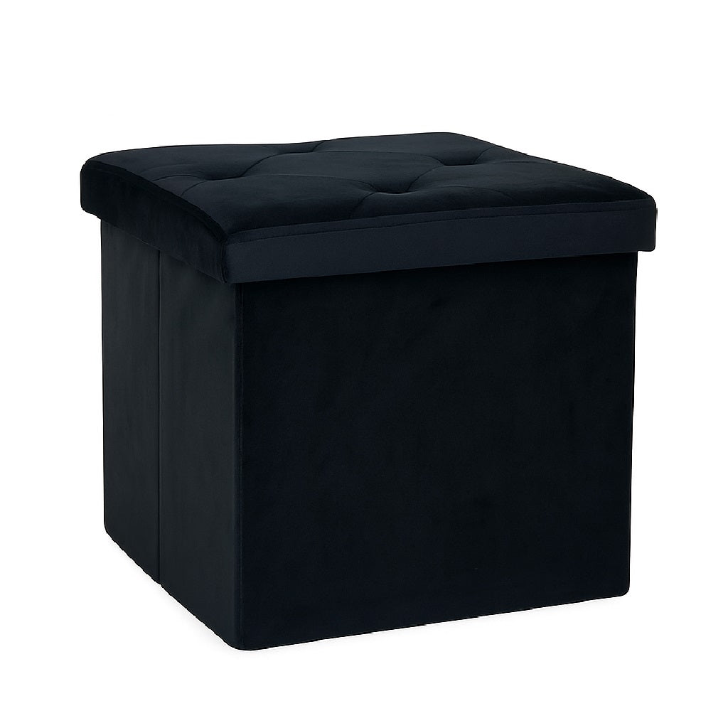 Pouf Pieghevole in Velluto Nero 38x38x38 cm Salvaspazio con Coperchio Design Moderno