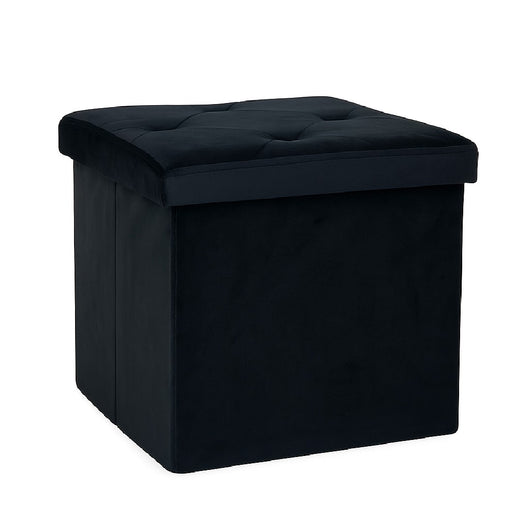 Pouf Pieghevole in Velluto Nero 38x38x38 cm Salvaspazio con Coperchio Design Moderno
