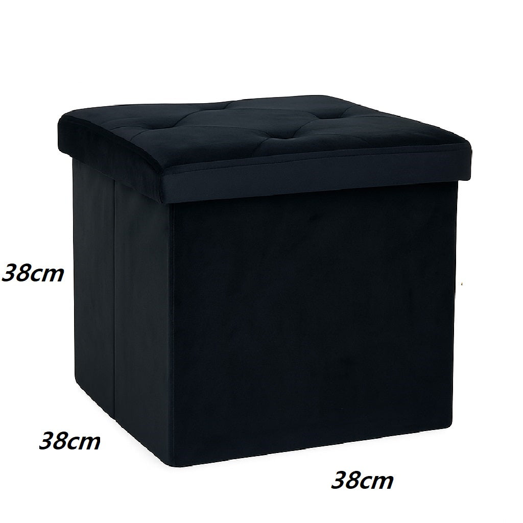 Pouf Pieghevole in Velluto Nero 38x38x38 cm Salvaspazio con Coperchio Design Moderno