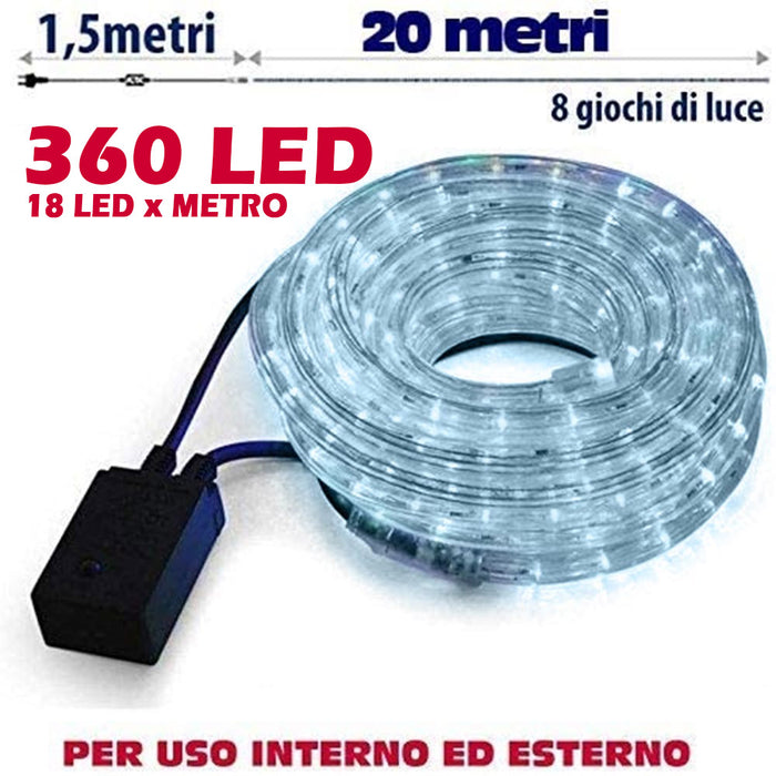 Tubo Luminoso 20 metri LED Bianco Freddo 360 Luci per interno e per Esterno