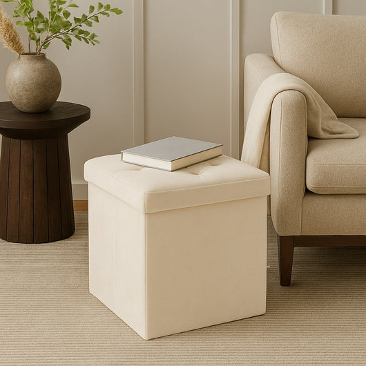 Pouf Pieghevole in Velluto Tortora 38x38x38 cm Salvaspazio con Coperchio Design Moderno