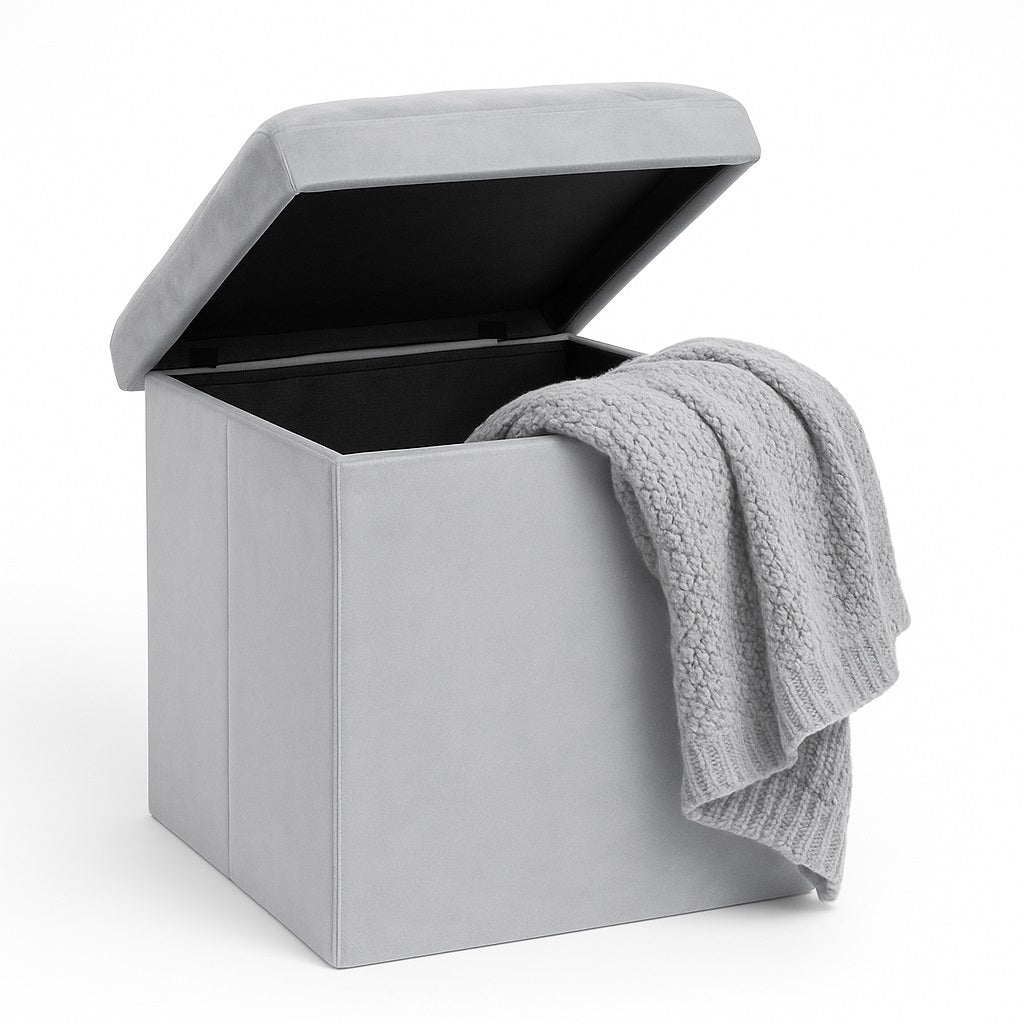 Pouf Pieghevole in Velluto Grigio 38x38x38 cm Salvaspazio con Coperchio Design Moderno