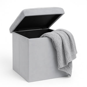 Pouf Pieghevole in Velluto Grigio 38x38x38 cm Salvaspazio con Coperchio Design Moderno