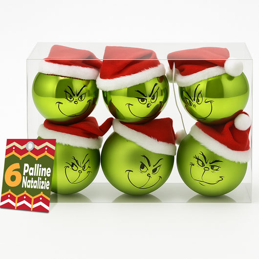Set 6 Palline di Natale Pupazzo Verde da 8 cm Decorazione Palle Natalizie