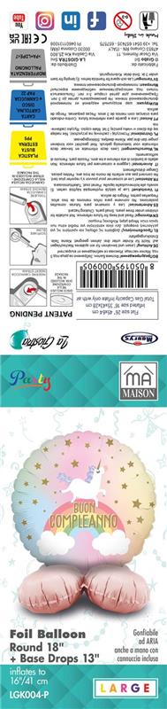 MA MAISON MYLAR PALLONCINO "UNICORN BABY" SCRITTA "BUON COMPLEANNO" + BASE 41X16 CM CANNUCCIA INCLUSA