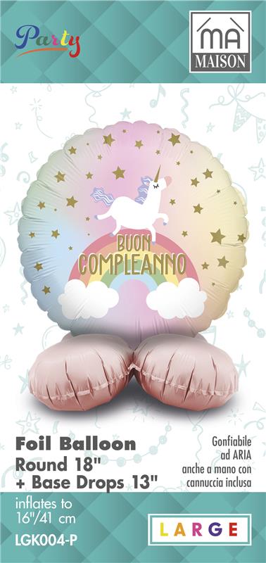 MA MAISON MYLAR PALLONCINO "UNICORN BABY" SCRITTA "BUON COMPLEANNO" + BASE 41X16 CM CANNUCCIA INCLUSA