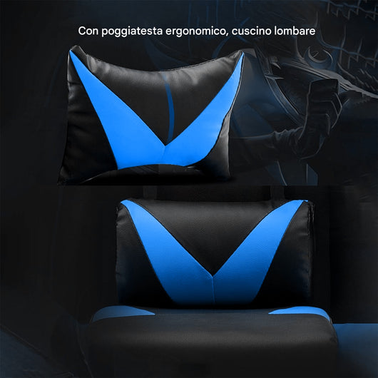 Sedia Gaming Blu con Poggiatesta e Cuscino Lombare Seduta Ergonomica Reclinabile
