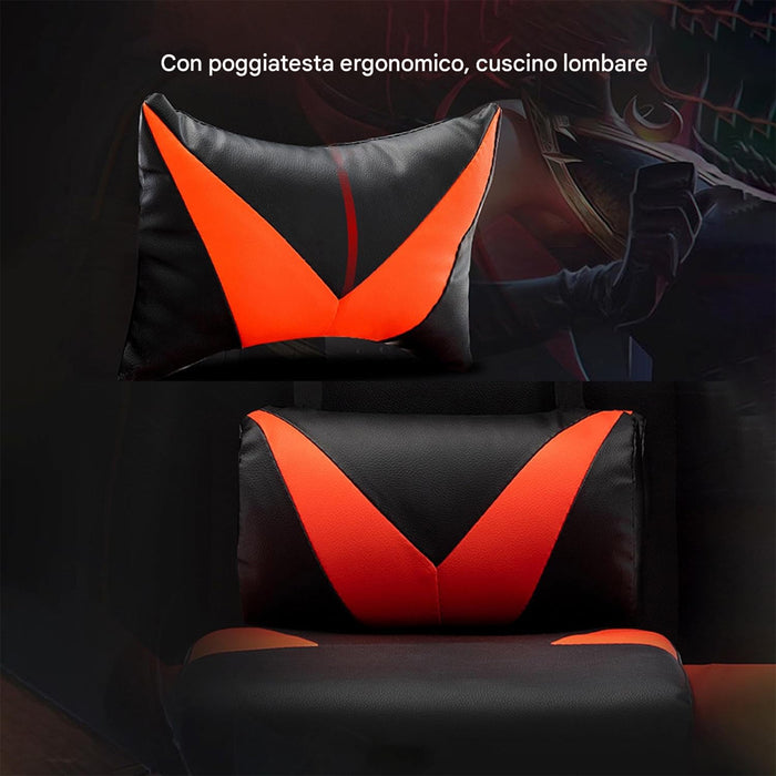 Sedia Gaming Rosso Poggiatesta e Cuscino Lombare Seduta Ergonomica Reclinabile