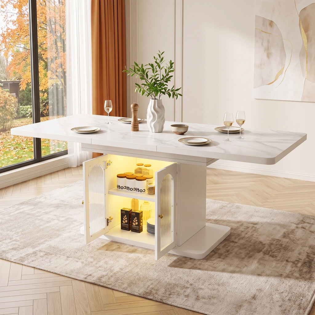 Tavolo allungabile per 6-8 persone con contenitore e led controllato da app in MDF bianco per sala da pranzo 200 × 80 × 76 cm