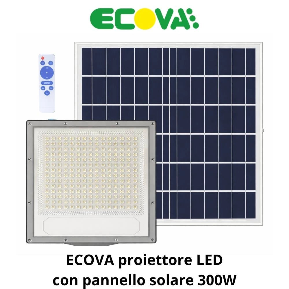 Proiettore led solare ecova con telecomando e luce bianca fredda 6500k *** potenza 300w, confezione 1