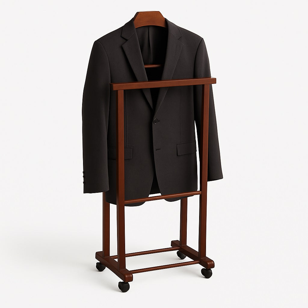Appendiabiti Indossatore in Legno di Faggio colore Noce Servo Muto con Ruote 43x33x105 cm