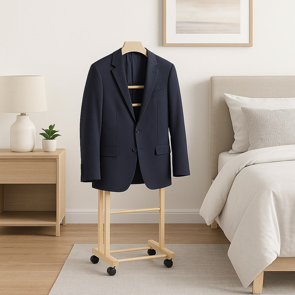 Appendiabiti Indossatore in Legno di Faggio colore Naturale Servo Muto con Ruote 43x33x105 cm