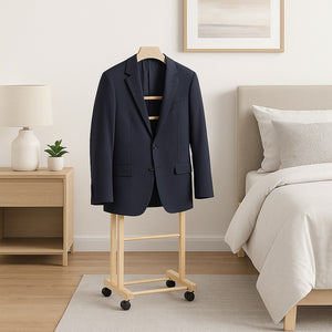 Appendiabiti Indossatore in Legno di Faggio colore Naturale Servo Muto con Ruote 43x33x105 cm