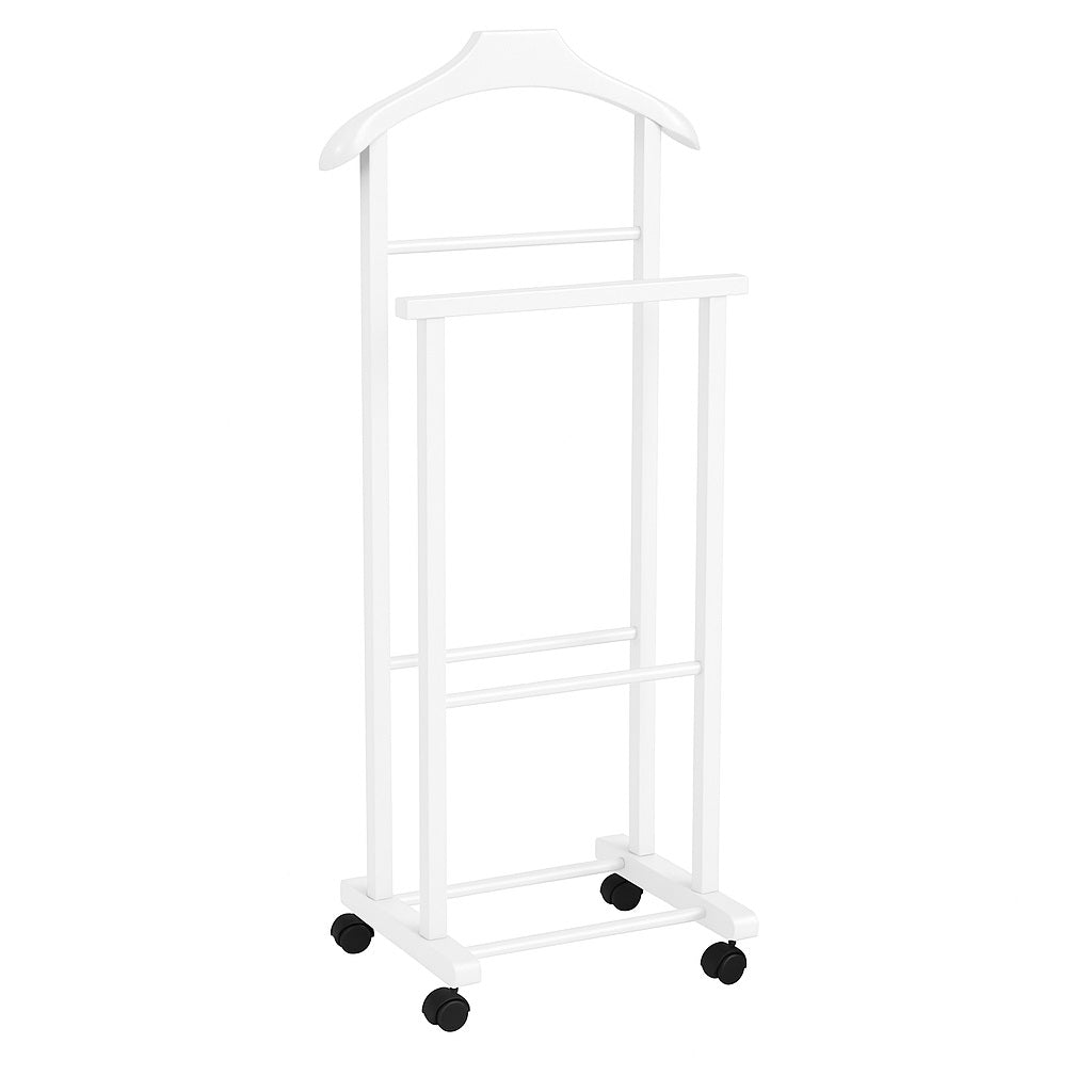 Appendiabiti Indossatore in Legno di Faggio colore Bianco Servo Muto con Ruote 43x33x105 cm