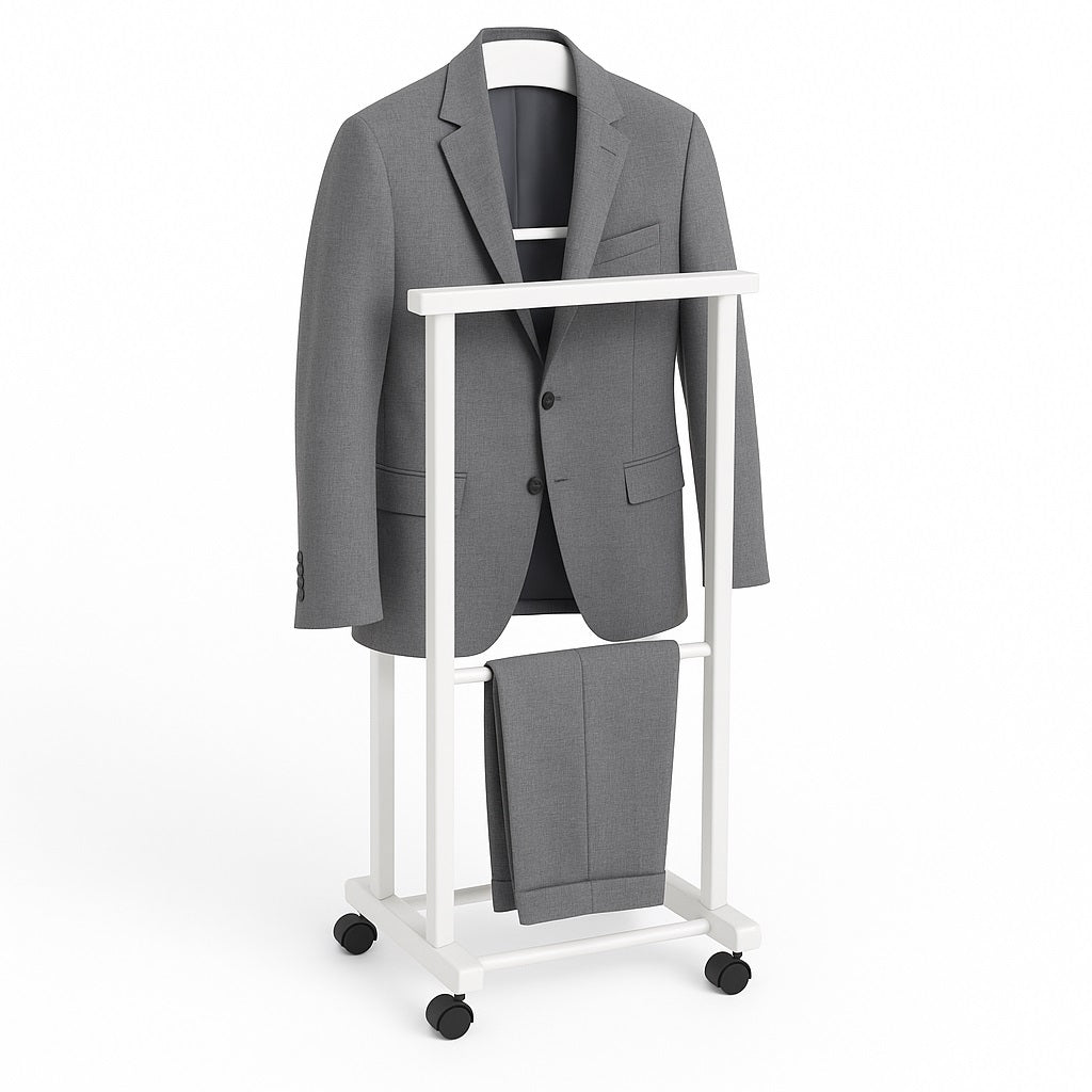 Appendiabiti Indossatore in Legno di Faggio colore Bianco Servo Muto con Ruote 43x33x105 cm