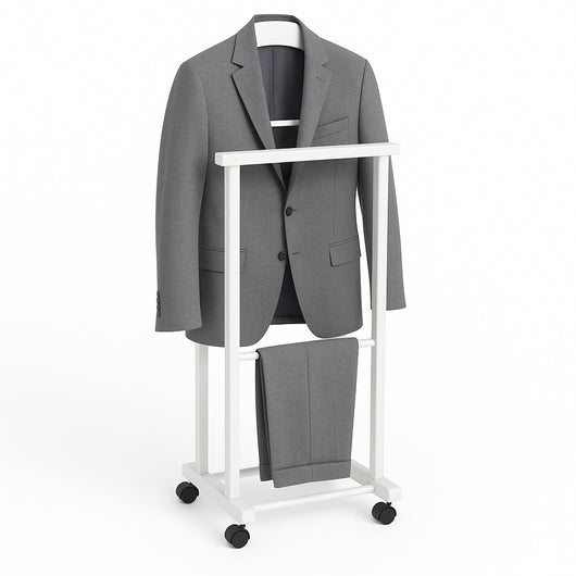Appendiabiti Indossatore in Legno di Faggio colore Bianco Servo Muto con Ruote 43x33x105 cm