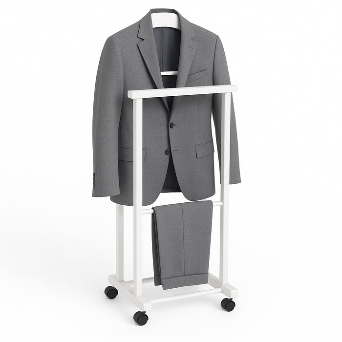 Appendiabiti Indossatore in Legno di Faggio colore Bianco Servo Muto con Ruote 43x33x105 cm