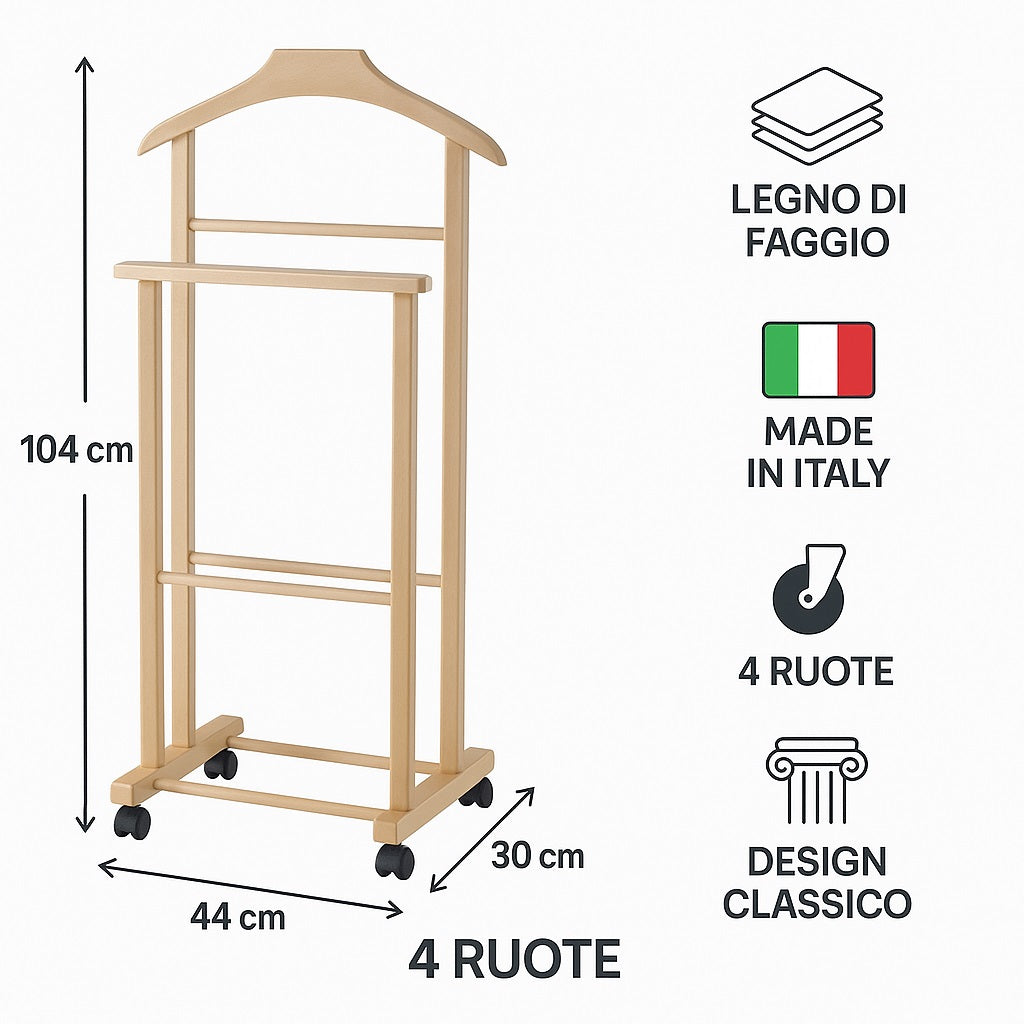 Appendiabiti Indossatore in Legno di Faggio colore Noce Servo Muto con Ruote 43x33x105 cm