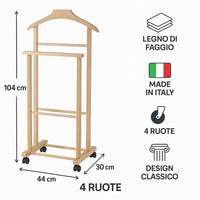 Appendiabiti Indossatore in Legno di Faggio colore Noce Servo Muto con Ruote 43x33x105 cm