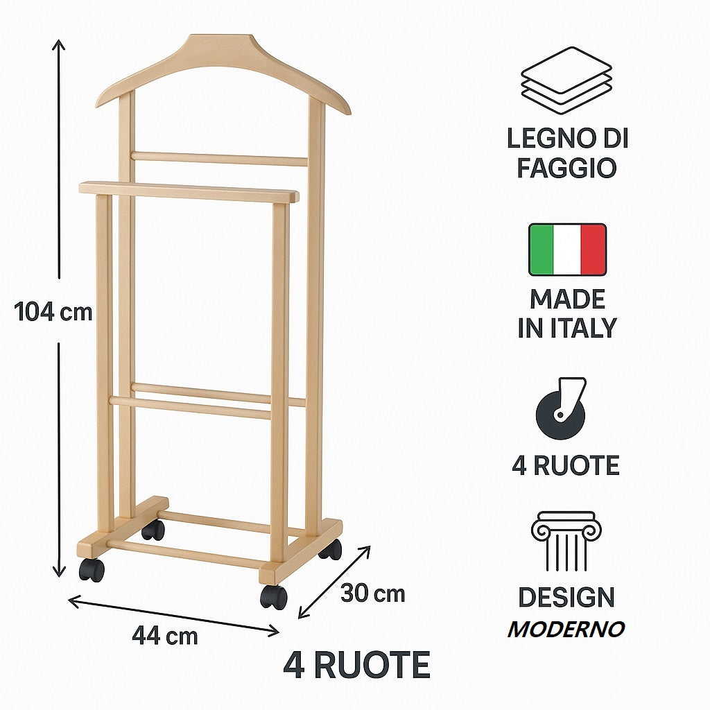Appendiabiti Indossatore in Legno di Faggio colore Bianco Servo Muto con Ruote 43x33x105 cm