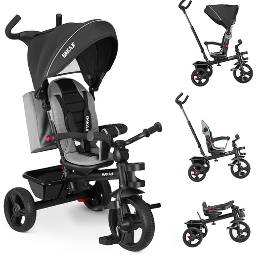 Triciclo per Bambini 5in1 Cappottina Pedali e Manico Antiscivolo Ergonomico Nero