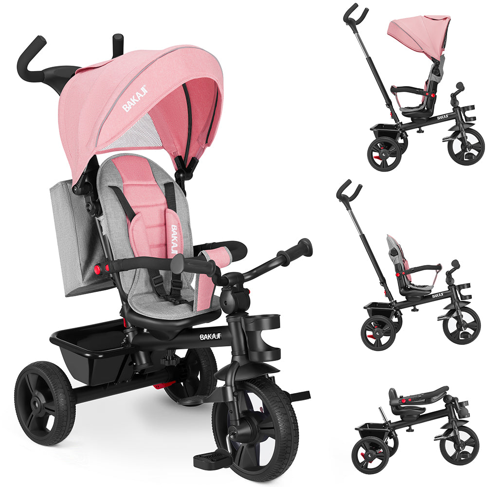 Triciclo per Bambini 5in1 Cappottina Pedali e Manico Antiscivolo Ergonomico Rosa