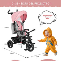 Triciclo per Bambini 5in1 Cappottina Pedali e Manico Antiscivolo Ergonomico Rosa