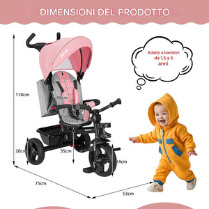 Triciclo per Bambini 5in1 Cappottina Pedali e Manico Antiscivolo Ergonomico Rosa