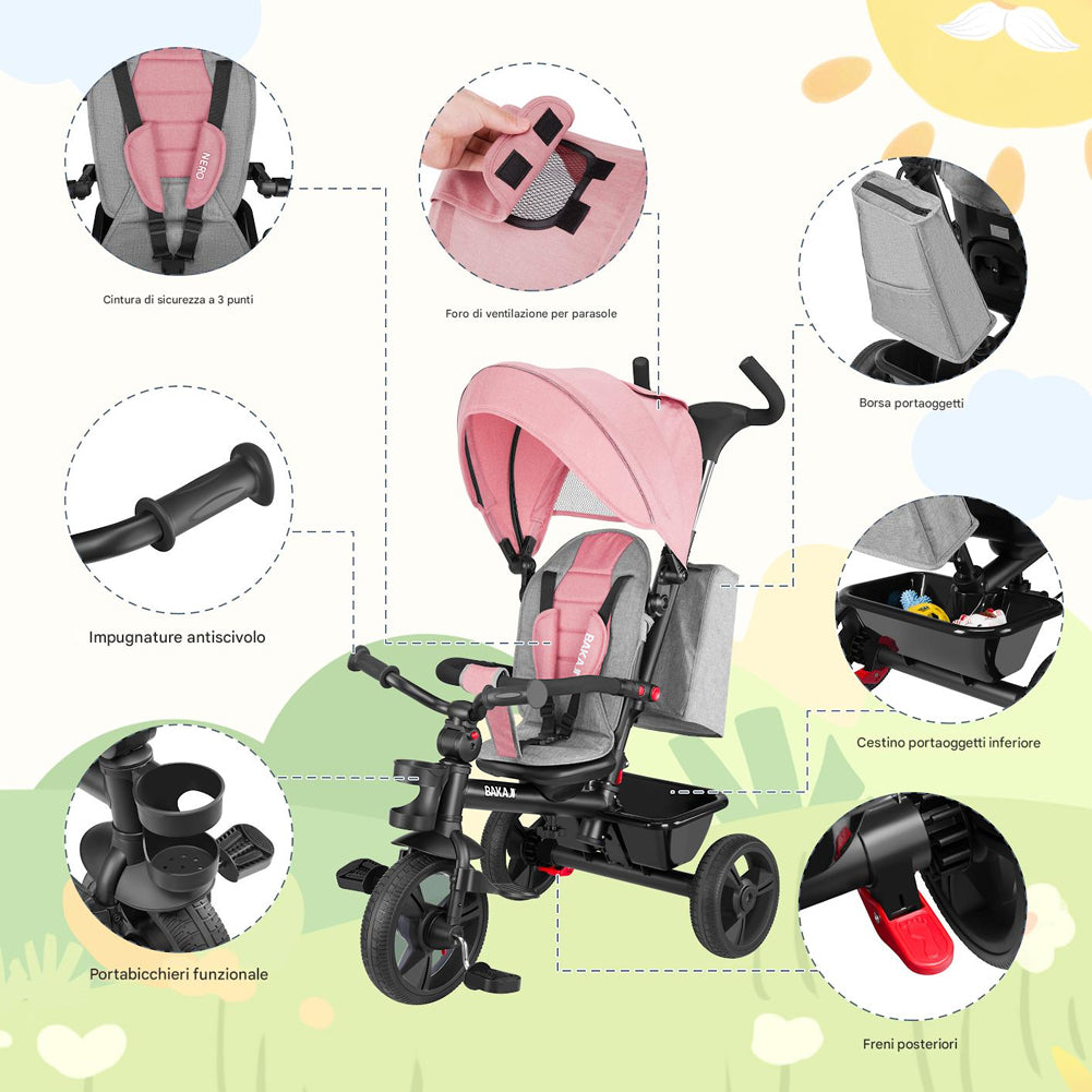 Triciclo per Bambini 5in1 Cappottina Pedali e Manico Antiscivolo Ergonomico Rosa