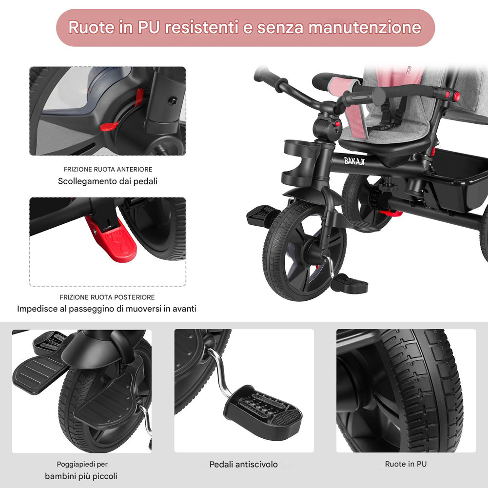 Triciclo per Bambini 5in1 Cappottina Pedali e Manico Antiscivolo Ergonomico Rosa