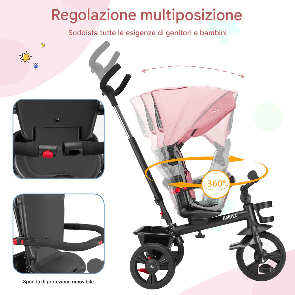 Triciclo per Bambini 5in1 Cappottina Pedali e Manico Antiscivolo Ergonomico Rosa