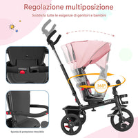 Triciclo per Bambini 5in1 Cappottina Pedali e Manico Antiscivolo Ergonomico Rosa