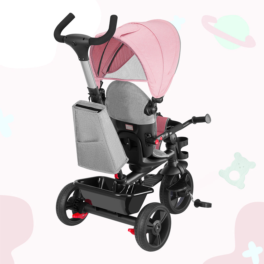 Triciclo per Bambini 5in1 Cappottina Pedali e Manico Antiscivolo Ergonomico Rosa