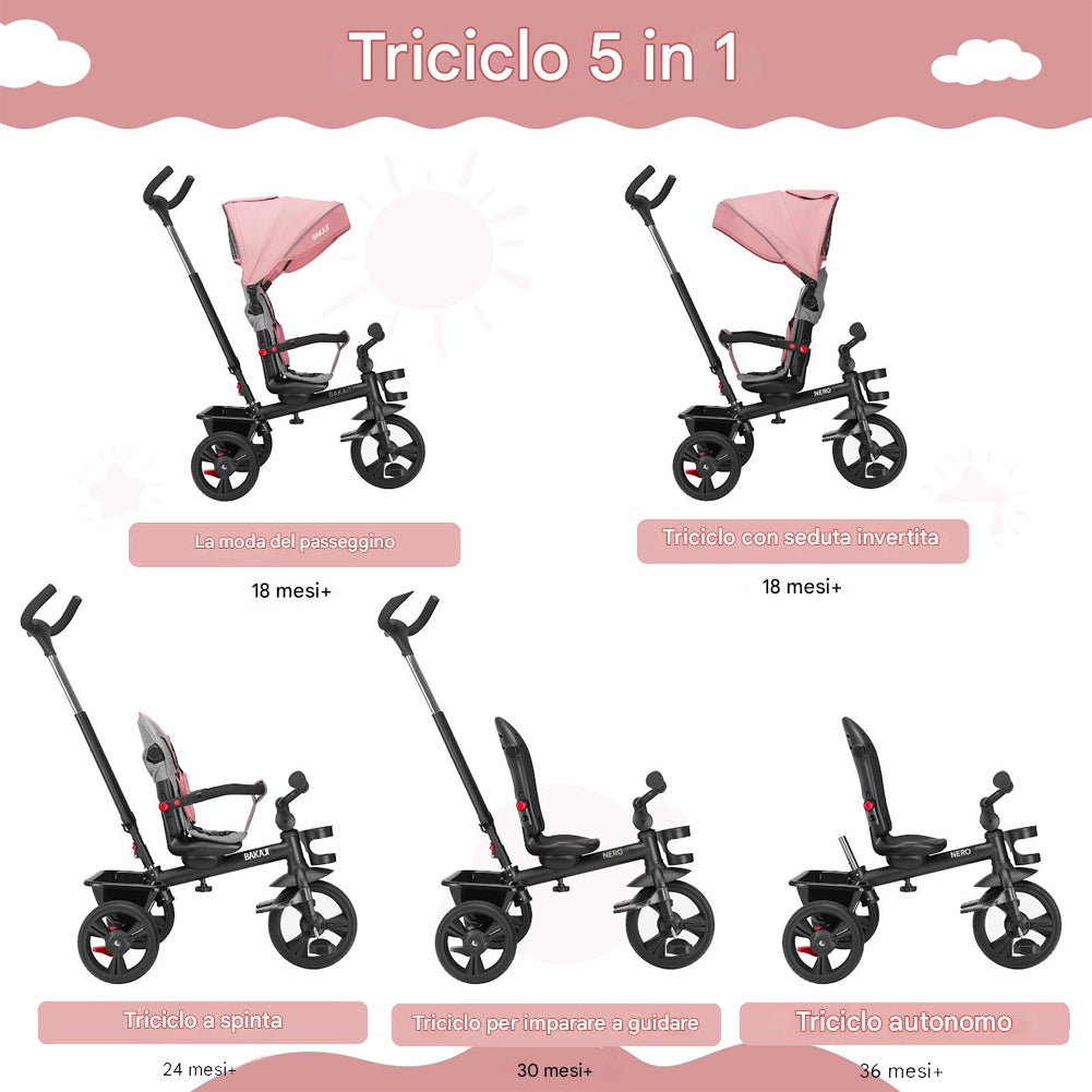 Triciclo per Bambini 5in1 Cappottina Pedali e Manico Antiscivolo Ergonomico Rosa