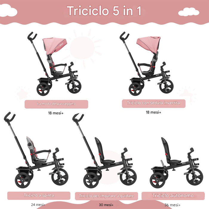 Triciclo per Bambini 5in1 Cappottina Pedali e Manico Antiscivolo Ergonomico Rosa